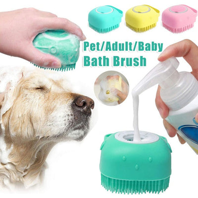 Dog bath brush and massage glove with silicone bristles for effective pet grooming.