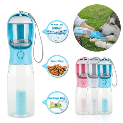 Transform Walks 3-in-1 portable pet water bottle with food feeder for dogs and cats.