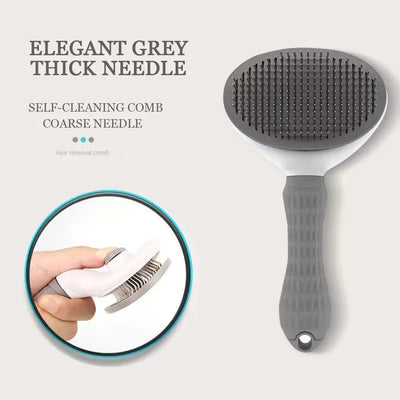 Elegant grey pet hair remover with self-cleaning comb and thick needles.